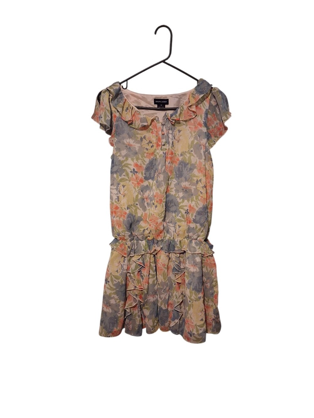 Ralph Lauren Girls 16 Floral Ruffle Drop Waist Mini Dress Chiffon Preppy Summer